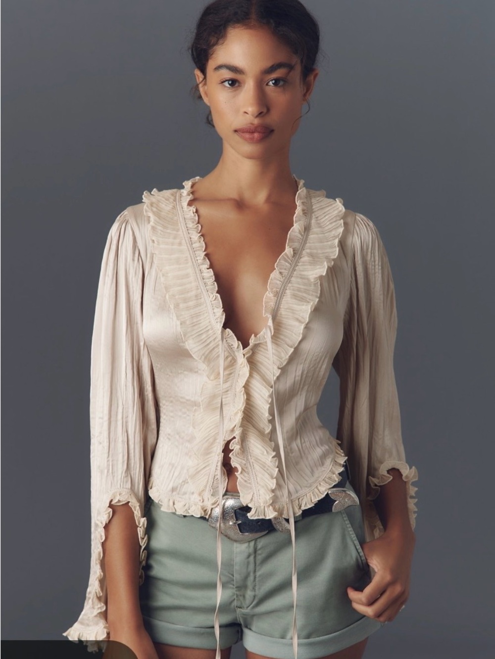 Anthropologie Pleated Ruffle V-Neck Blouse - Cream